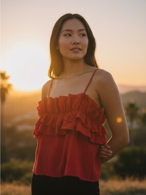Sienna Sky Red Ruffle Smocked Cottagecore Cami Tank Top Romantic Festive Size L